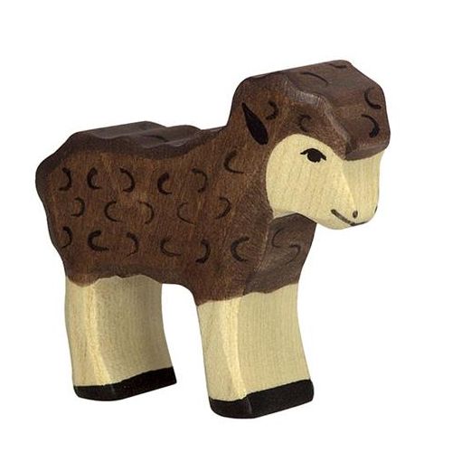 Holztiger houten speelgoedfiguur van een bruin lam.