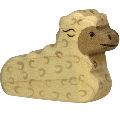 Holztiger houten lammetje liggend, met beige geschilderde textuur.
