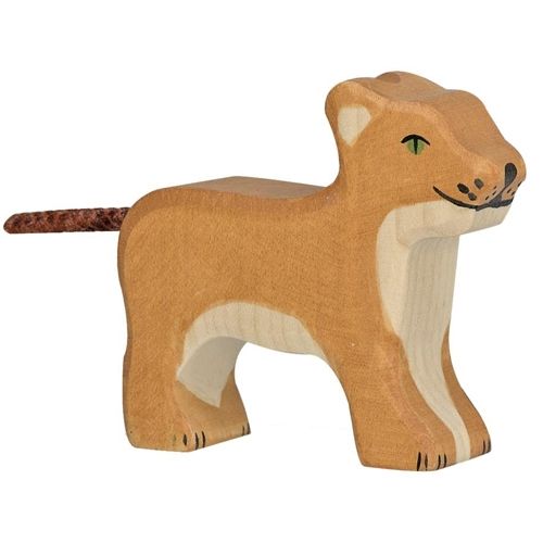 Holztiger houten dierenfiguur van een bruine leeuw met gevlochten staart.