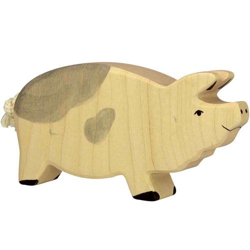 Holztiger houten speelgoedfiguur van een gevlekt varken met beige en grijze vlekken.