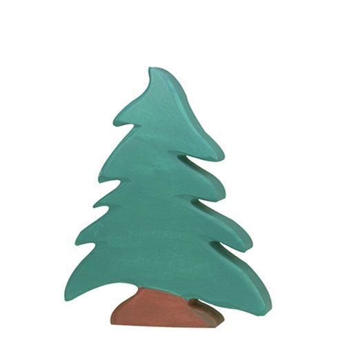 Holztiger houten speelgoedfiguur van een groene naaldboom.