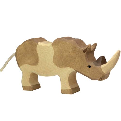 Holztiger houten neushoorn speelgoedfiguur met een touwstaart.
