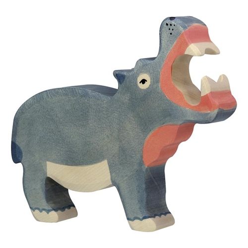Holztiger houten dierenfiguur van een blauw nijlpaard met open bek.