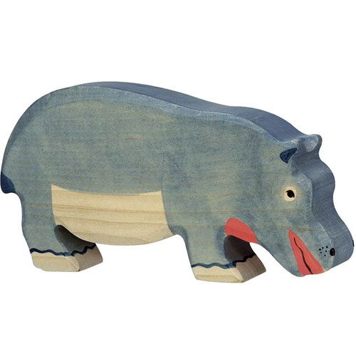 Holztiger houten nijlpaard speelfiguur in blauw en rood.