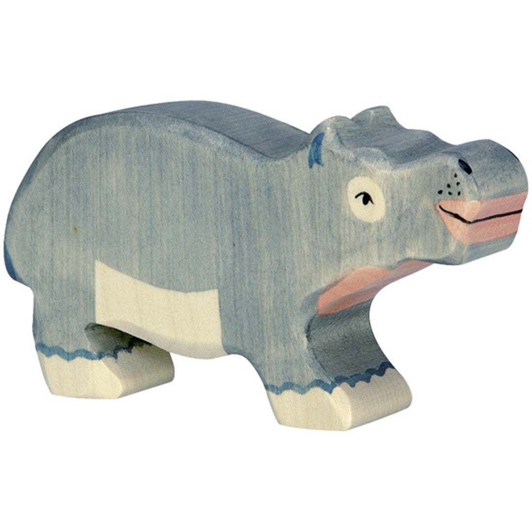 Holztiger houten nijlpaard kalf speelgoedfiguur in blauw en wit.