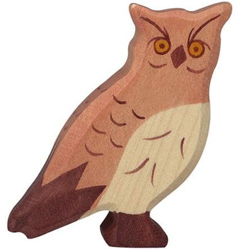 Holztiger houten oehoe dierenfiguur in bruine tinten.