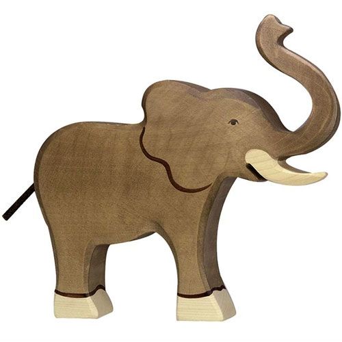 Holztiger houten dierenfiguur van een bruine olifant met opgeheven slurf.