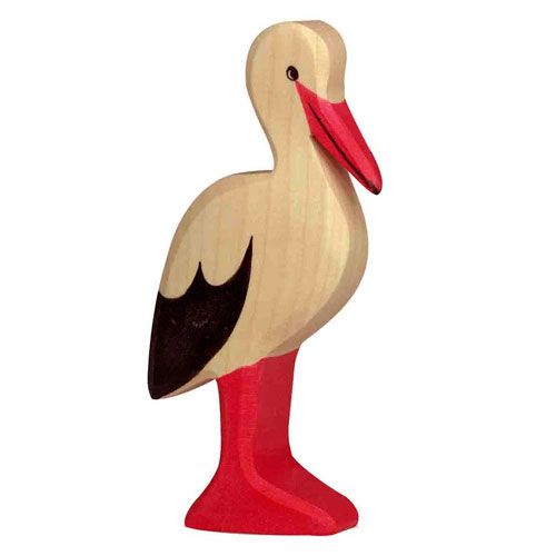Holztiger houten ooievaar speelgoedfiguur met beige lijf, rode snavel en poten, en zwarte vleugels.