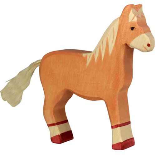 Holztiger houten dierenfiguur van een bruin paard met lichte manen, staart en hoeven.