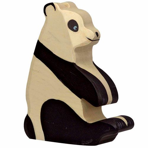Holztiger houten speelgoedfiguur van een zittende pandabeer.