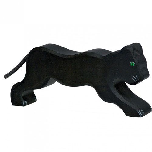 Holztiger houten dierenfiguur van een zwarte panter met groene ogen.