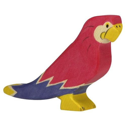 Holztiger houten dierenfiguur van een veelkleurige papegaai.
