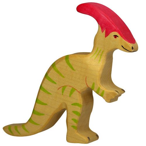 Holztiger houten parasaurolophus figuur, beige met groene strepen en rode kopkam.