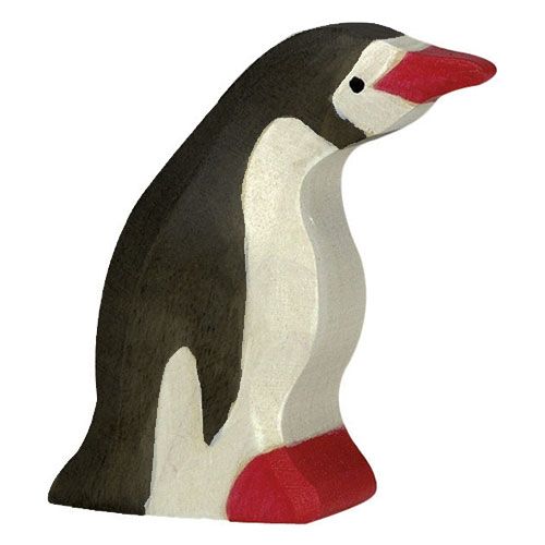 Holztiger houten pinguïn dierenfiguur met rode snavel en voeten.