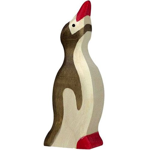 Holztiger houten pinguïn speelfiguur met rood-witte snavel en voeten.