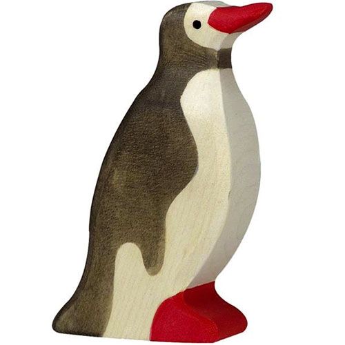Holztiger houten pinguïnfiguur met bruine rug, witte buik en rode snavel en voeten.