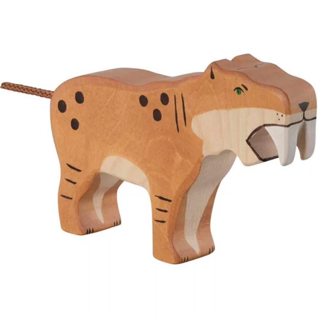 Holztiger houten sabeltandtijger speelfiguur in bruin met stippen en strepen.