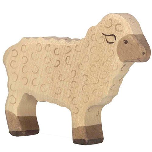 Holztiger houten schaap speelgoedfiguur in beige met bruine details.