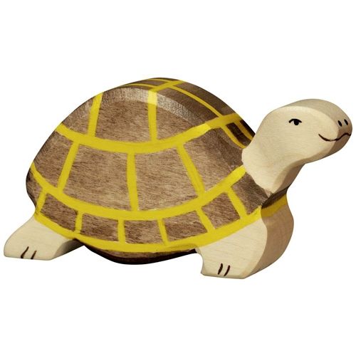 Holztiger houten speelgoedfiguur van een schildpad met een bruin-geel schild.