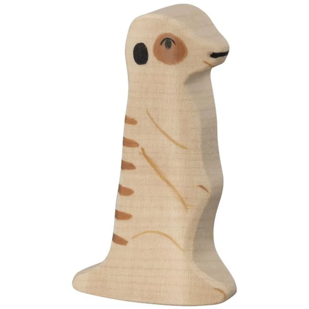 Holztiger houten dierenfiguur van een staand stokstaartje met beige en bruine details.