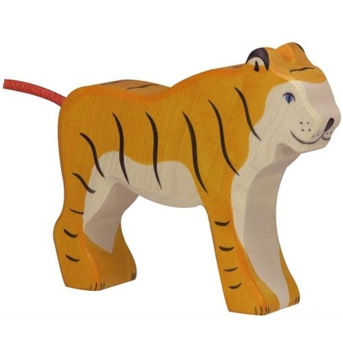 Holztiger houten dierenfiguur van een staande tijger met oranje strepen en een rode staart.