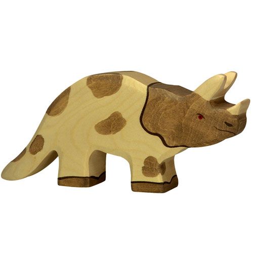 Holztiger houten triceratops dierenfiguurtje met beige en bruine vlekken.