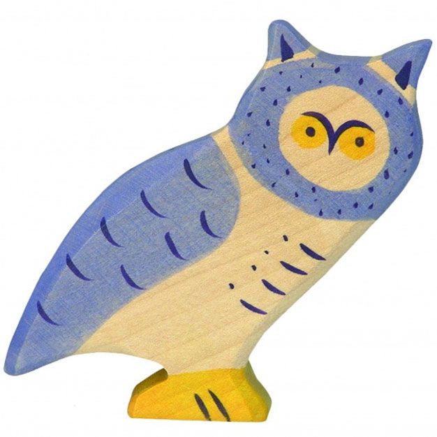 Holztiger houten dierenfiguur van een blauwe uil met gele accenten.