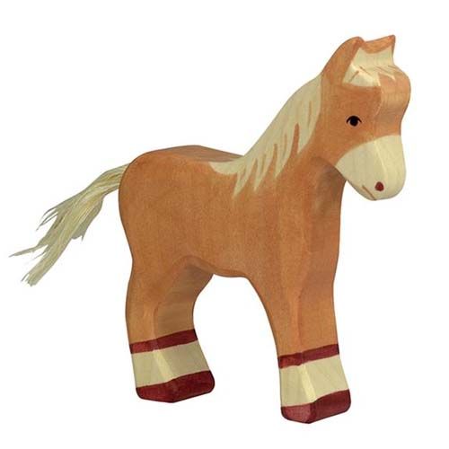 Holztiger houten veulen speelgoedfiguur in lichtbruin met witte manen en staart.