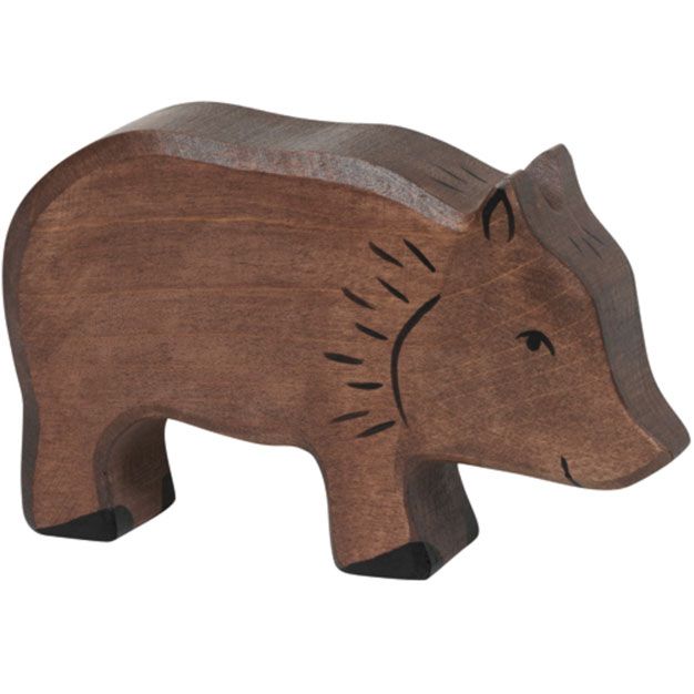 Holztiger houten speelgoedfiguur van een donkerbruin wild zwijn.