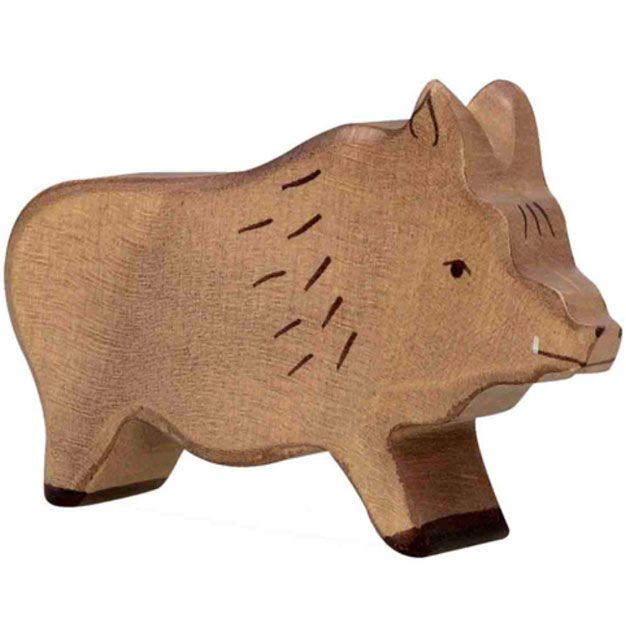 Holztiger houten dierenfiguur van een lichtbruin wild zwijn.