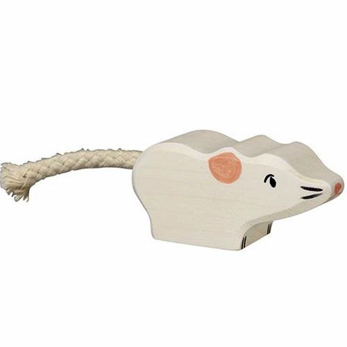Holztiger houten muis met een touwstaart.