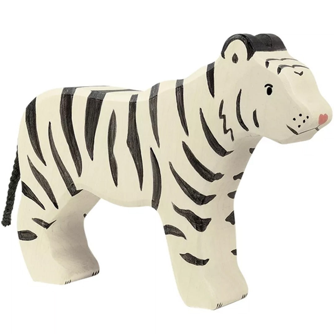 Holztiger houten dierenfiguur van een witte tijger met zwarte strepen.