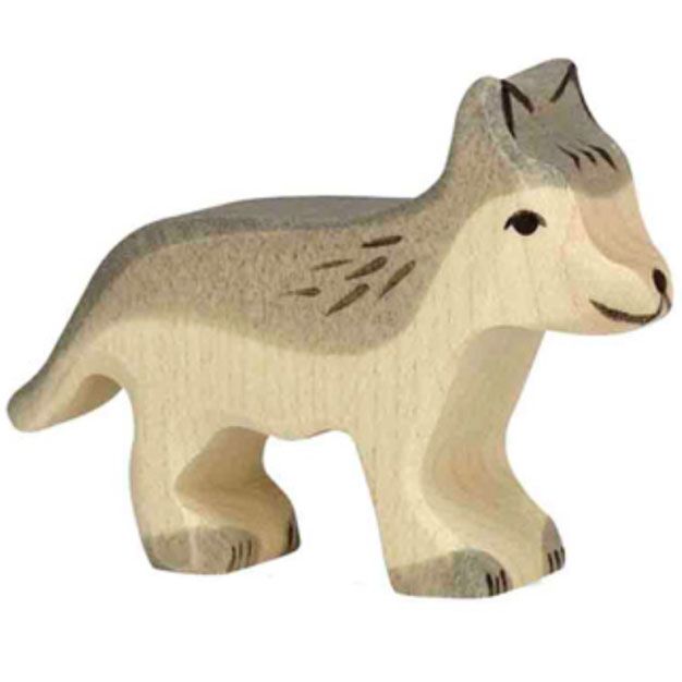 Holztiger houten dierenfiguur van een staand wolfje.