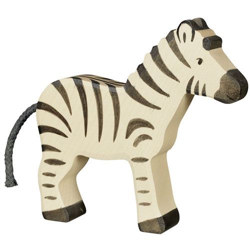 Holztiger houten dierenfiguur van een beige zebra met donkere strepen.