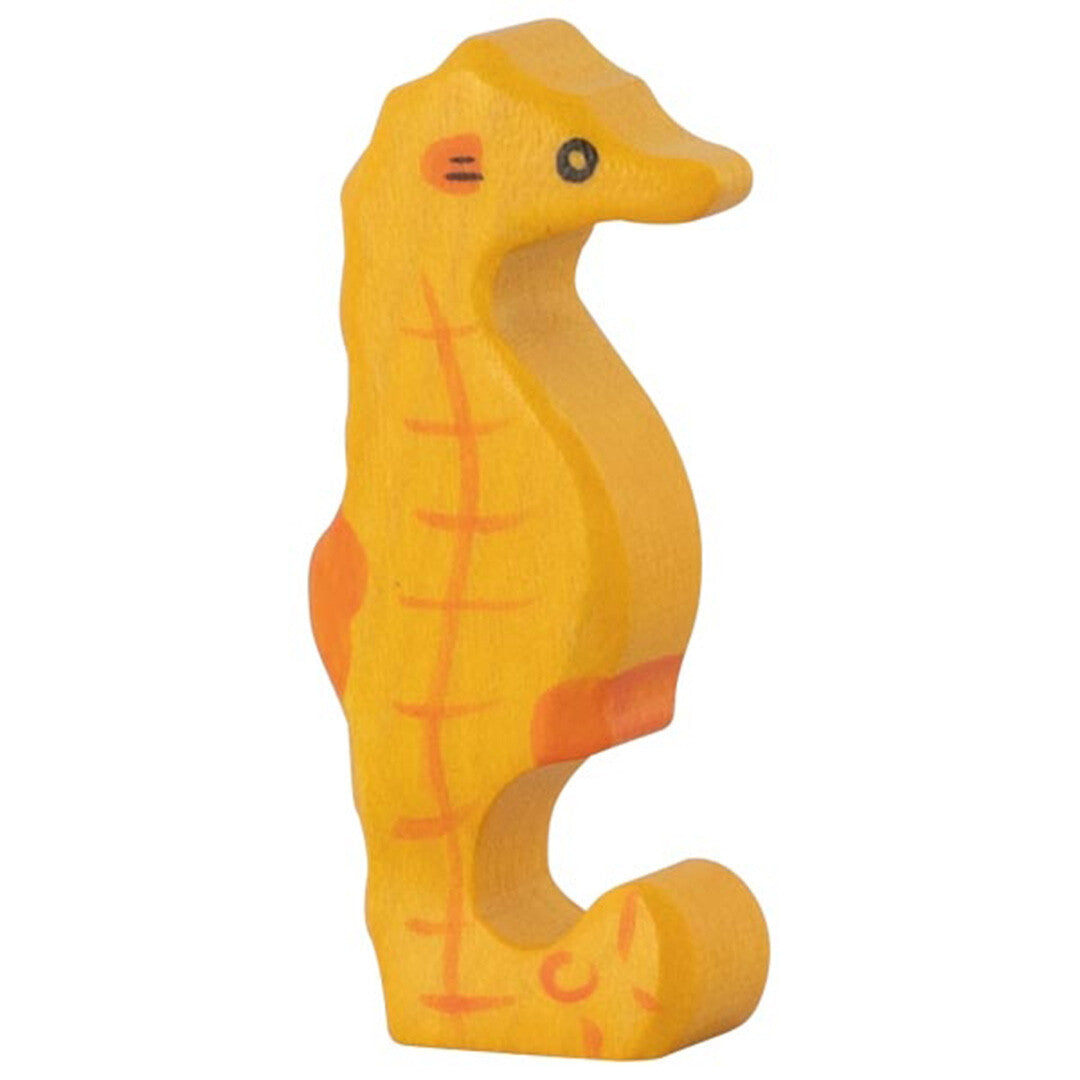 Holztiger geel houten zeepaardje speelgoedfiguur.