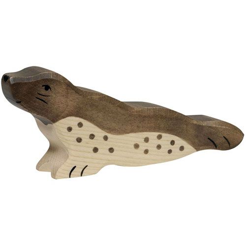 Holztiger houten dierenfiguur van een bruine zeerob met stippen.