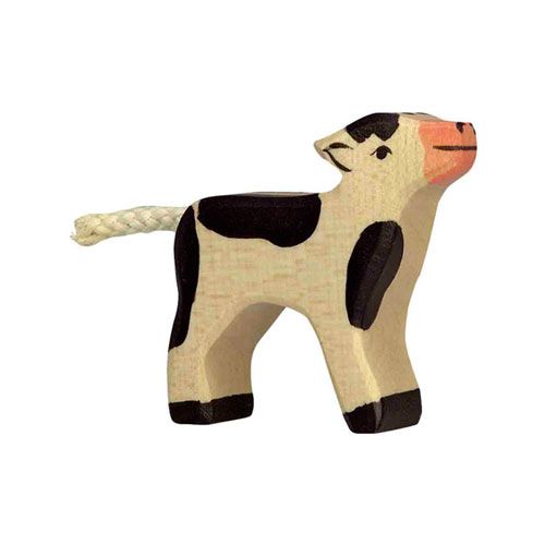 Holztiger houten speelgoedkalf met zwarte vlekken en een touwstaart.