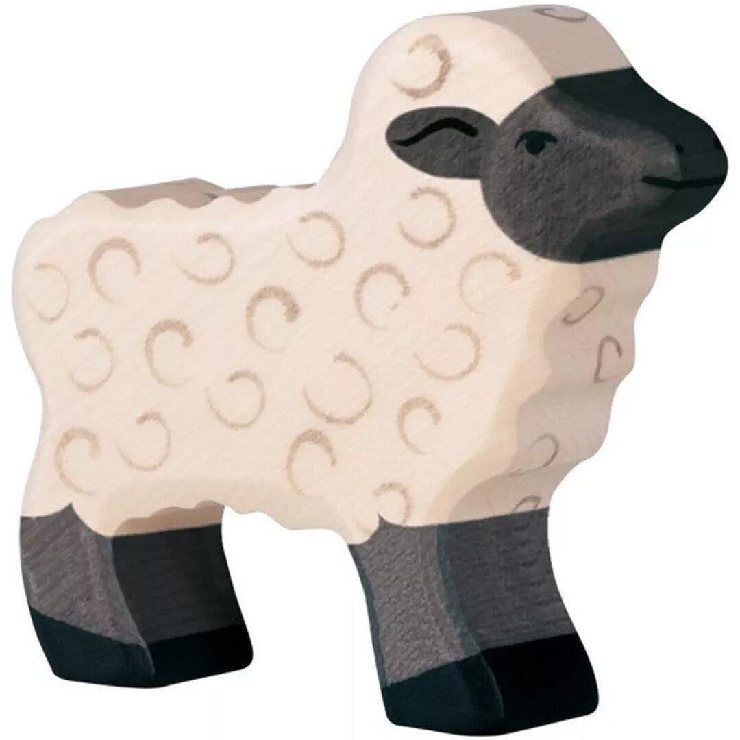 Holztiger houten speelgoedfiguur van een zwartkopschaap lam.