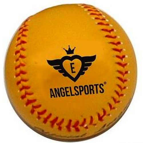 Een gele angeltoys honkbal met rode stiksels en een zwart ANGELSPORTS logo.