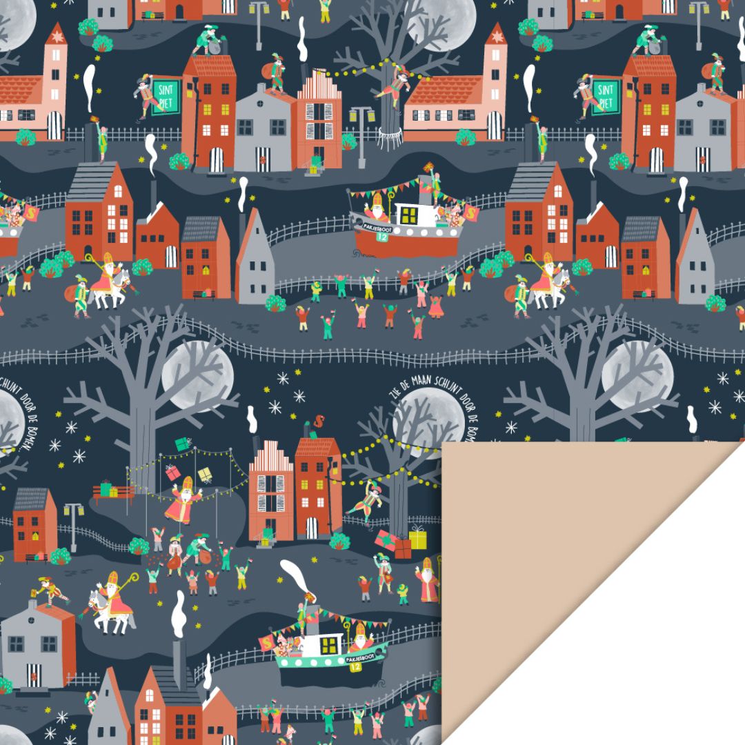 house of products inpakpapier met Sinterklaas intocht patroon, de hoek is omgevouwen en toont de nude achterkant.