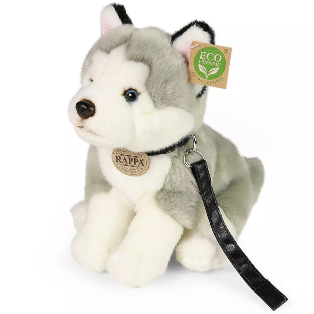 Rappa pluchen husky knuffelhond met halsband en riem, zittend.