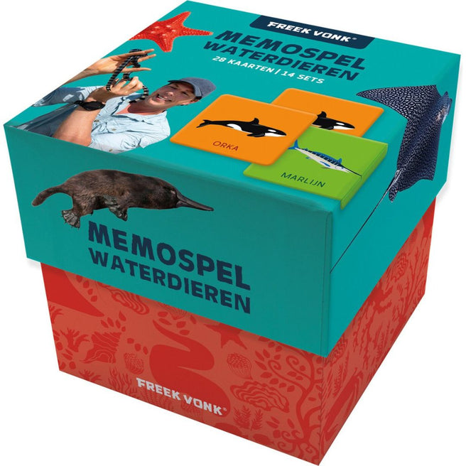Freek Vonk memospel waterdieren verpakking met Freek Vonk en diverse zeedieren.