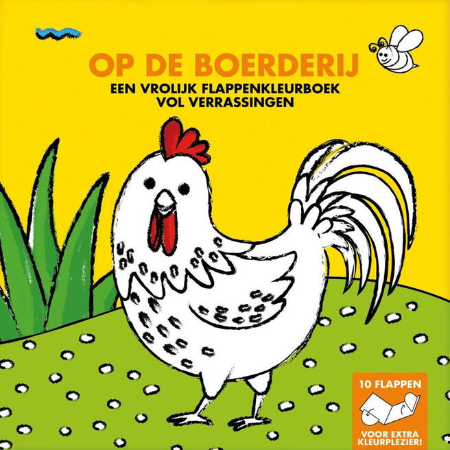 Voorkant van het image books kleurboek 'Op de boerderij' met een witte kip en gele achtergrond.