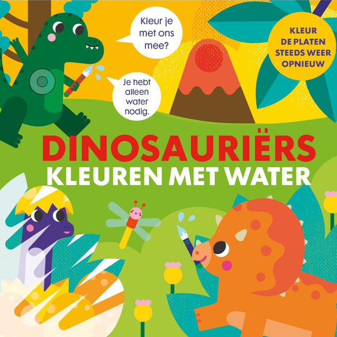 Promotieafbeelding voor een image books kleuren met water dinosauriërs boek, met cartoon dinosaurussen en een vulkaan.