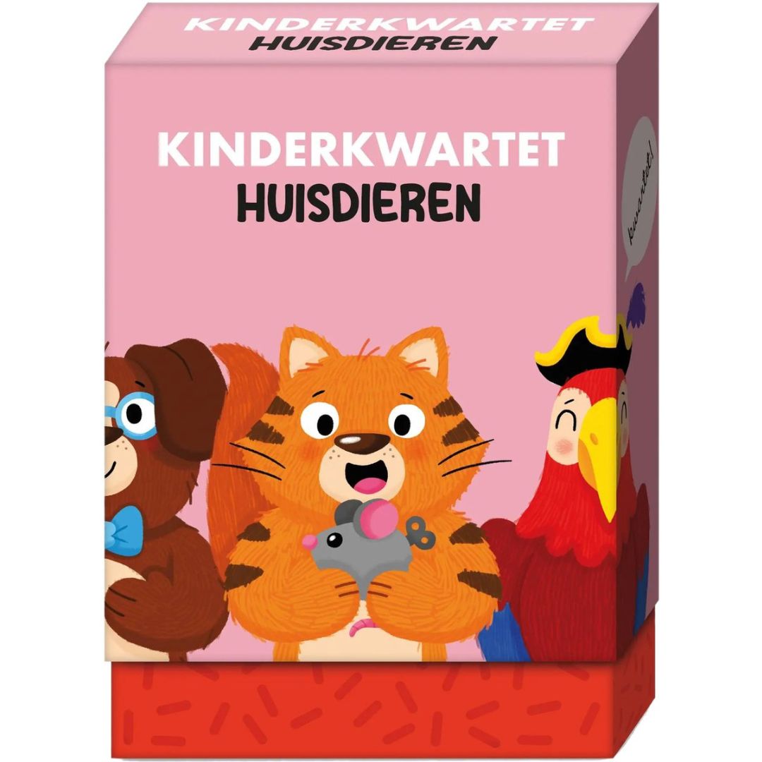 De verpakking van het image books Kinderkwartet Huisdieren kaartspel, met cartoonafbeeldingen van een kat, hond en papegaai.