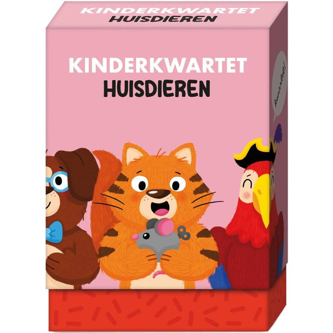 De verpakking van het image books Kinderkwartet Huisdieren kaartspel, met cartoonafbeeldingen van een kat, hond en papegaai.