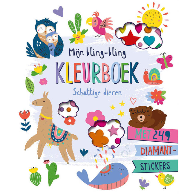 image books Mijn bling-bling Kleurboek Schattige dieren, met een kleurrijke cover van dieren en de vermelding 'Met 249 diamantstickers'.