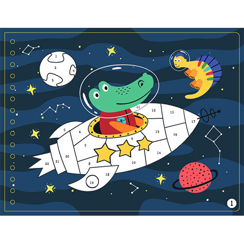 Een pagina van het stickerboek met een krokodil in een raket en een dinosaurus in de ruimte, met genummerde vlakken voor stickers.