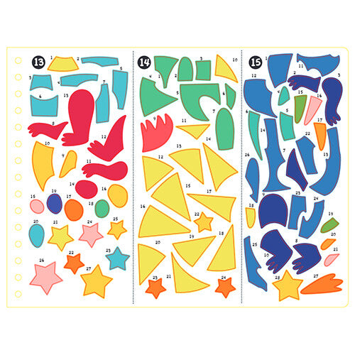 Een vel met kleurrijke, genummerde stickers in verschillende vormen.