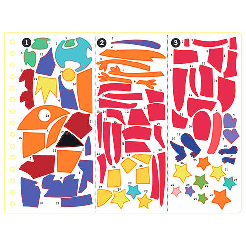 Een vel met kleurrijke, genummerde stickers in verschillende vormen.